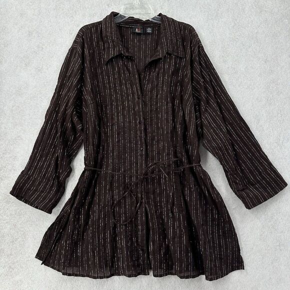 ALC Tunic Top‎ Womens 3X Brown W/Metallic Threads Tie Waist Button Up Blouse - Picture 1 of 9